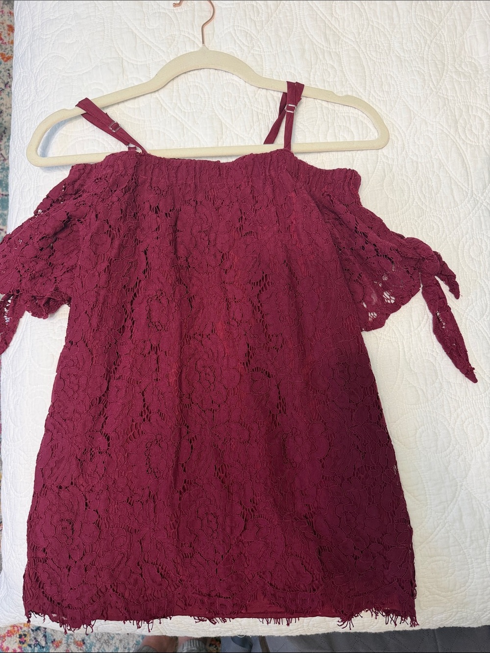 Burgundy Lace Cold-Shoulder Dress